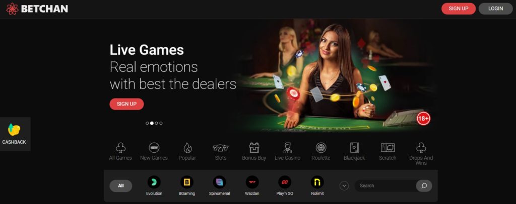 Betchan Casino main page screenshot