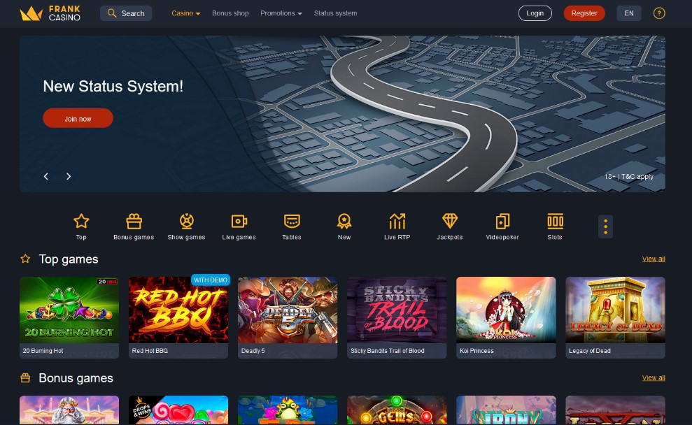Frank casino homepage screenshot