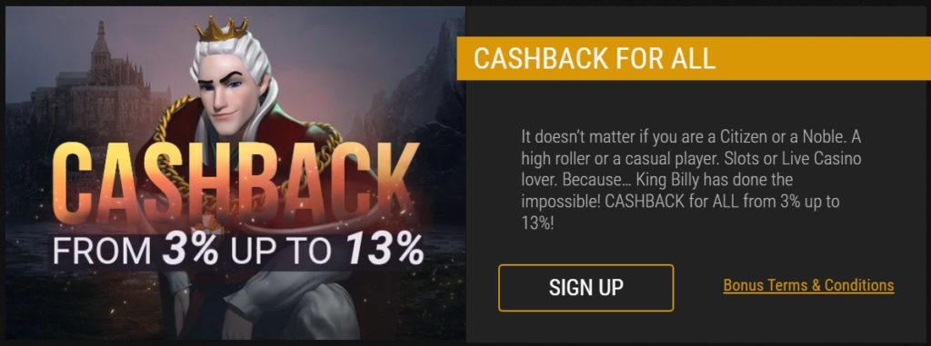 King Billy Casino cashback for all