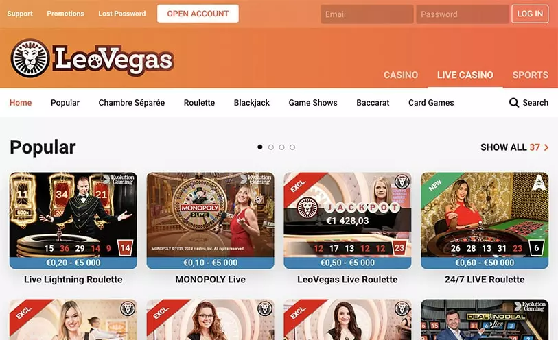 Leovegas casino homepage screenshot