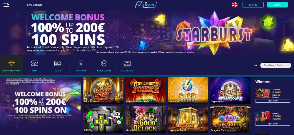 Spinson Casino homepage screenshot
