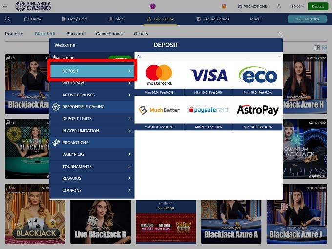 Finlandia casino deposit options