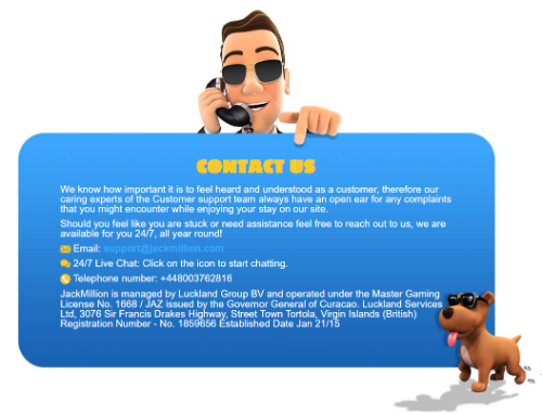 Jackmillion casiono support page