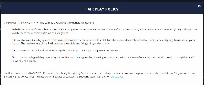 Luckland casino - fair play policy
