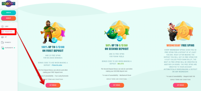 Spinia Casino promotions and bonuses