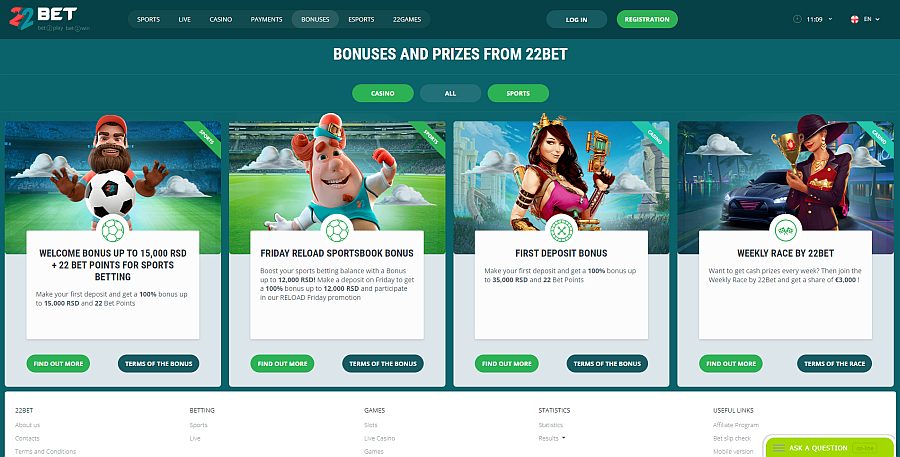 22bet casino bonuses