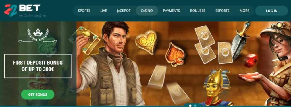 22bet casino website homepage screenshot