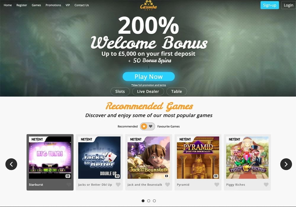 casimba casino website homepage screenshot
