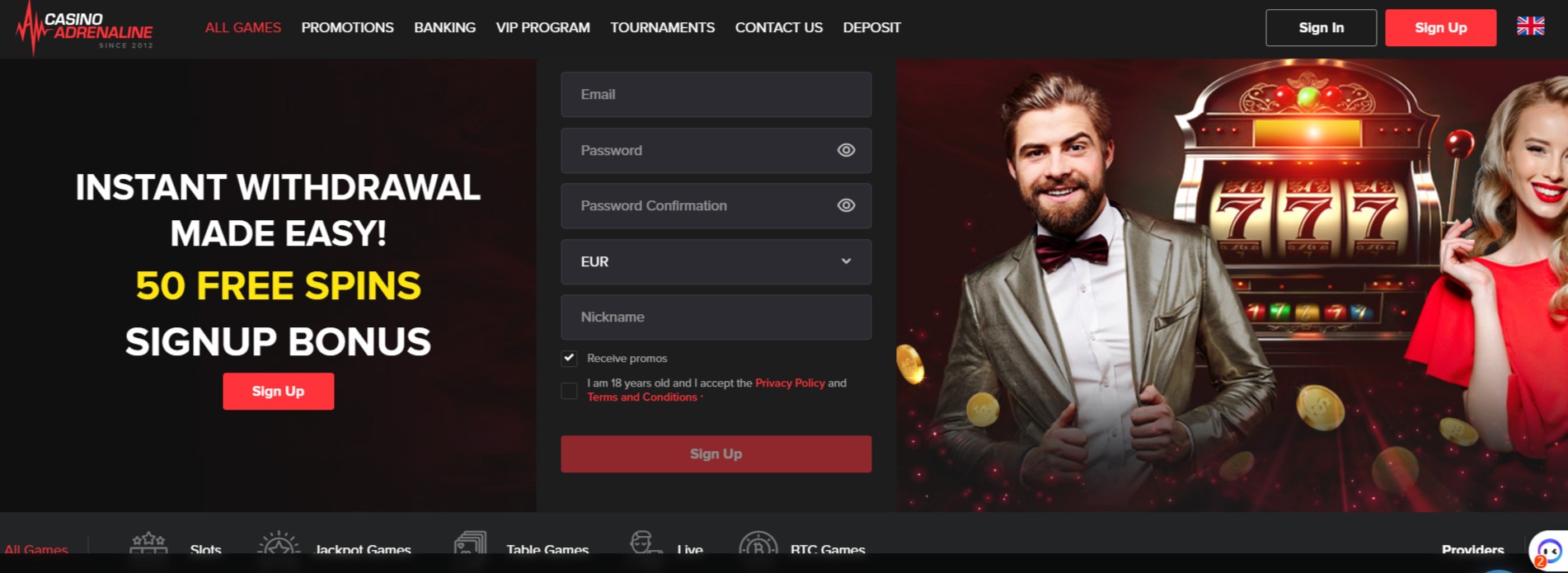 casino adrenaline website homepage screenshot
