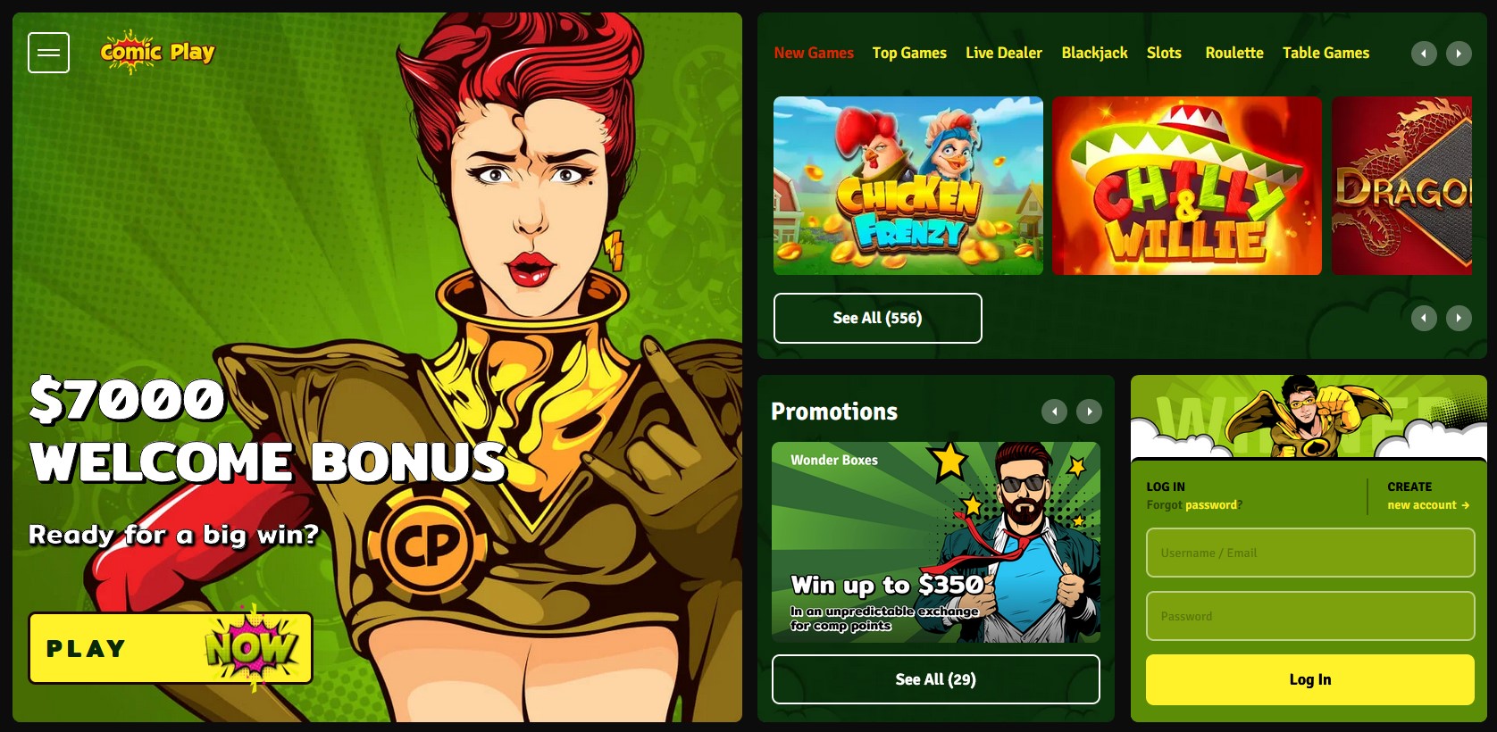 comic play casino website homepage screenshot
