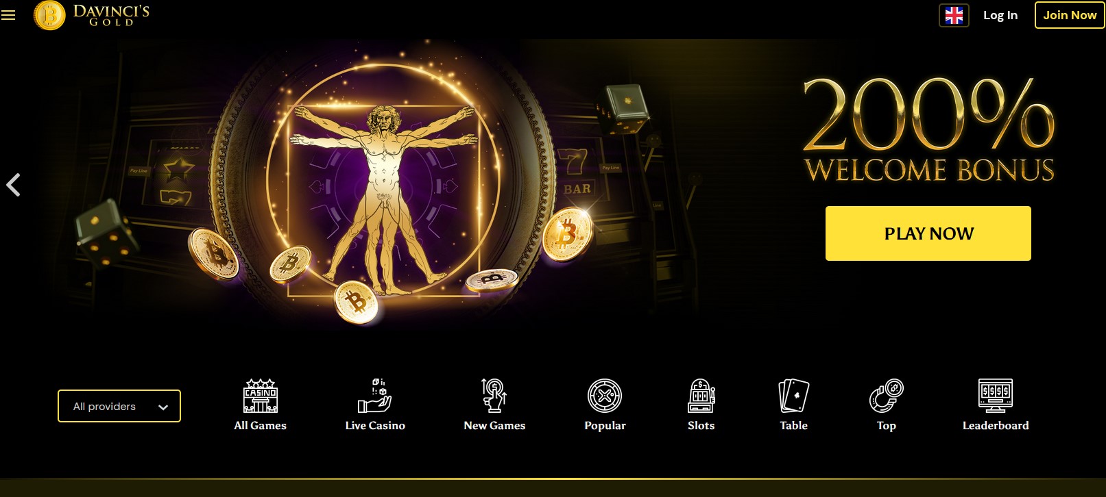 davincis gold casino website homepage screenshot