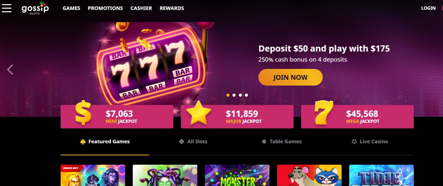 Tangkapan layar beranda situs web kasino slot gosip