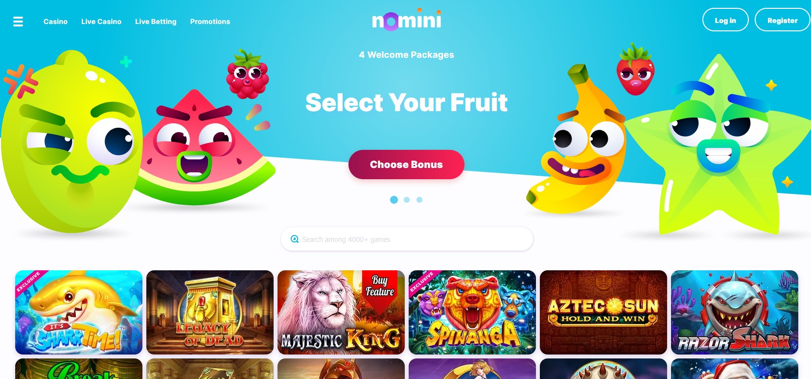 nomini casino website homepage screenshot