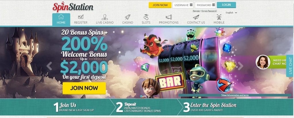 spin station casino website homepage screenshot