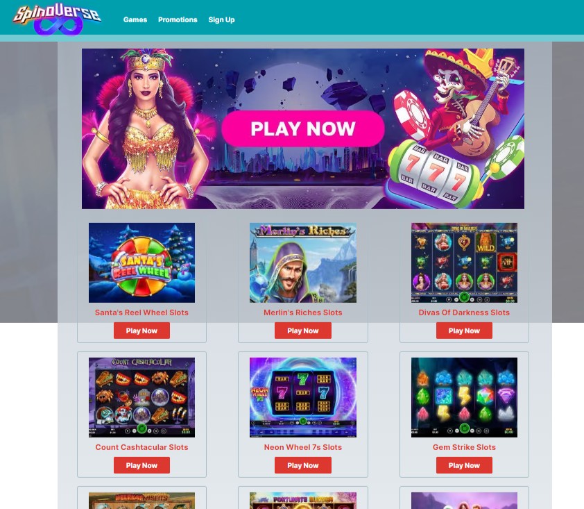 spinoverse casino website homepage screenshot