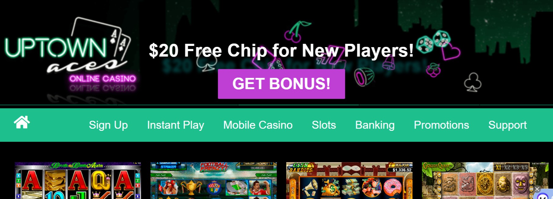 uptown aces casino website homepage screenshot