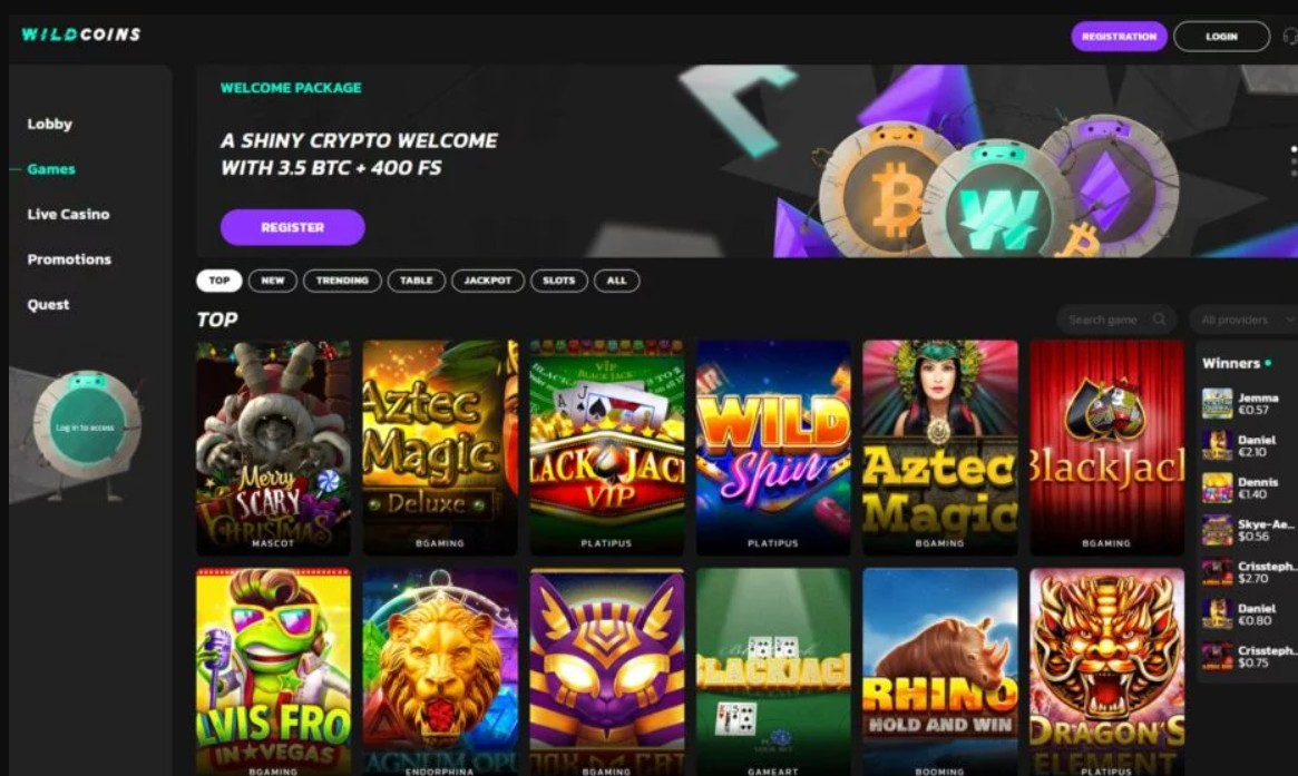 wildcoins casino website homepage screenshot