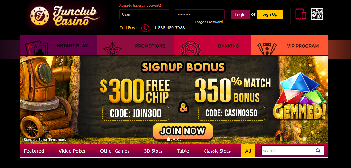 funclub casino website homepage screenshot